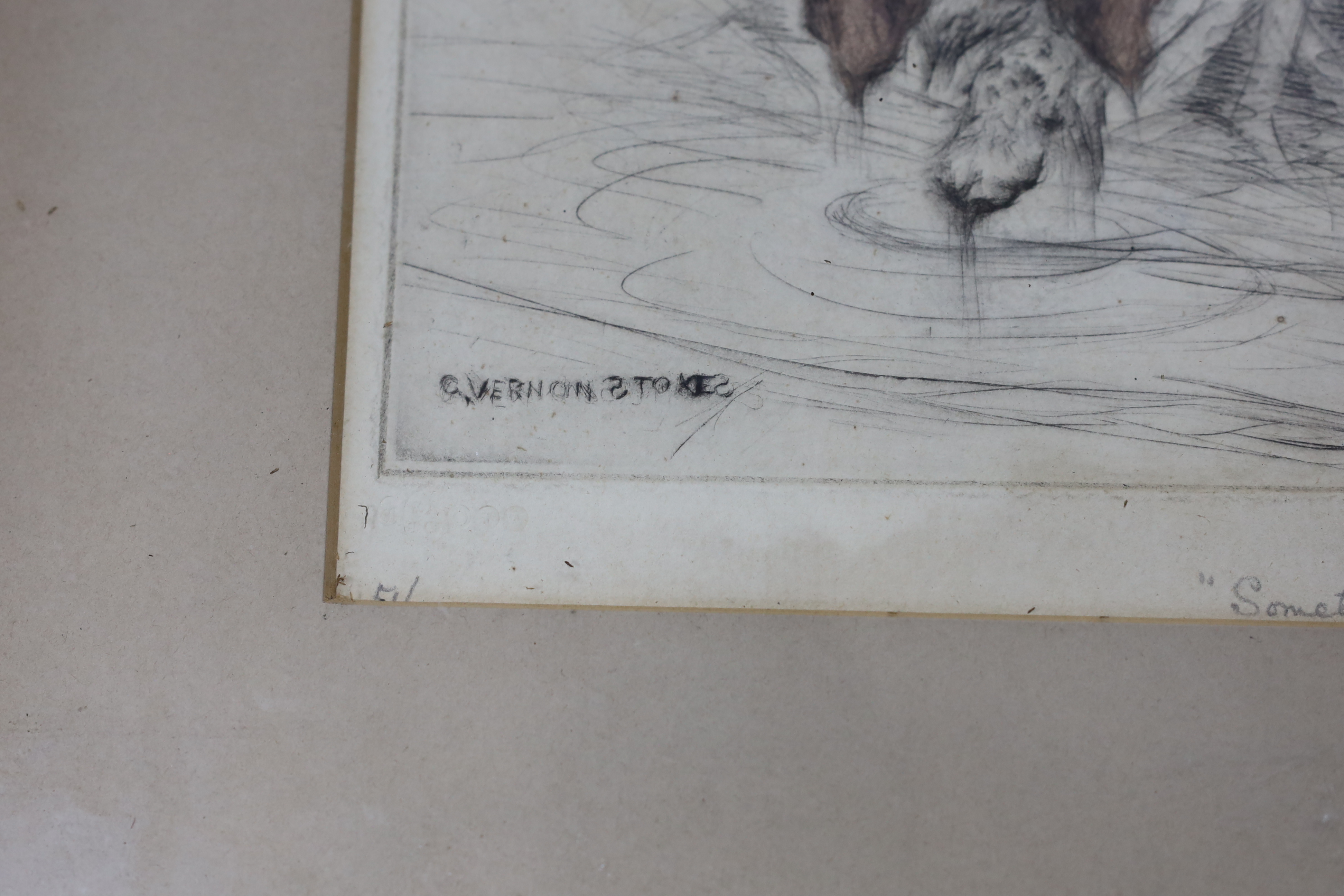 George Vernon Stokes (1873-1954) coloured etching, 'Something moved!', signed in pencil, 25 x 30cm